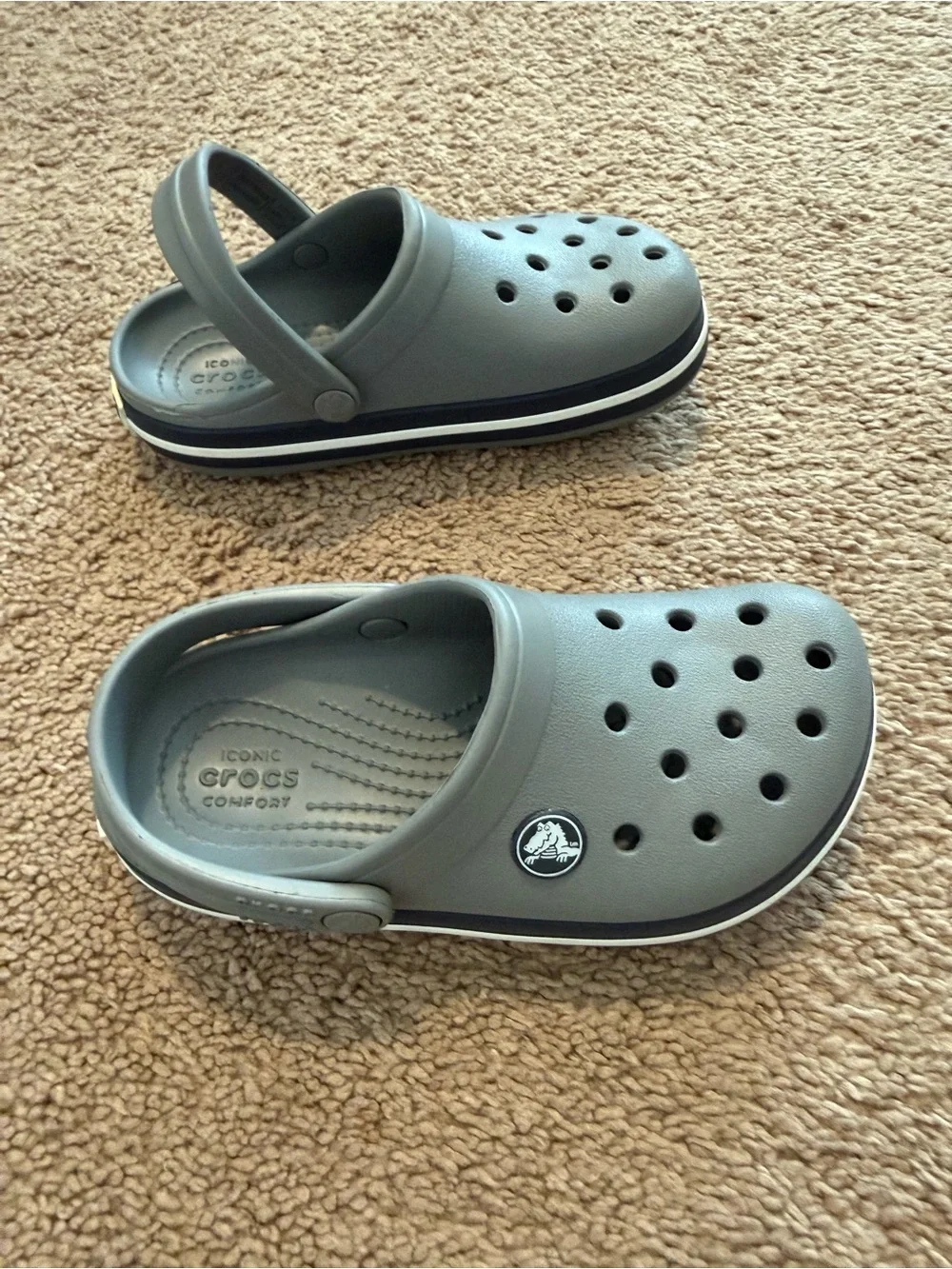 Kids Gray Crocs with Navy and White Stripes
